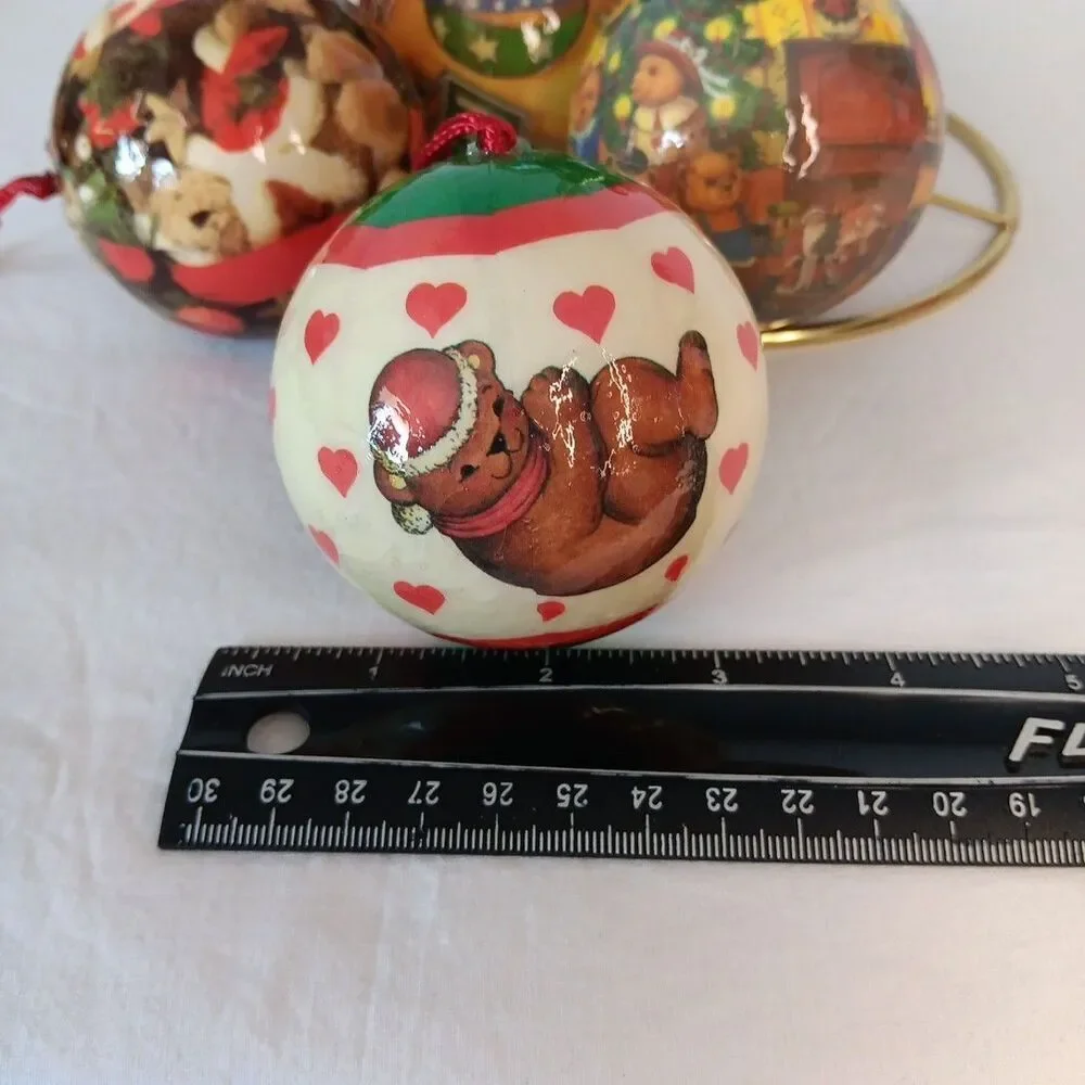 Vintage Decoupage Christmas Ornament Balls Bauble Teddy Bears Lot of 7